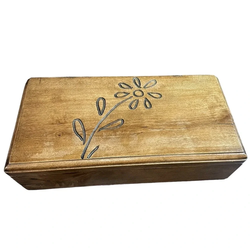 Vintage Rustic Wooden Jewelry Box Hand Carved‎ Floral Farmhouse Trinket 12